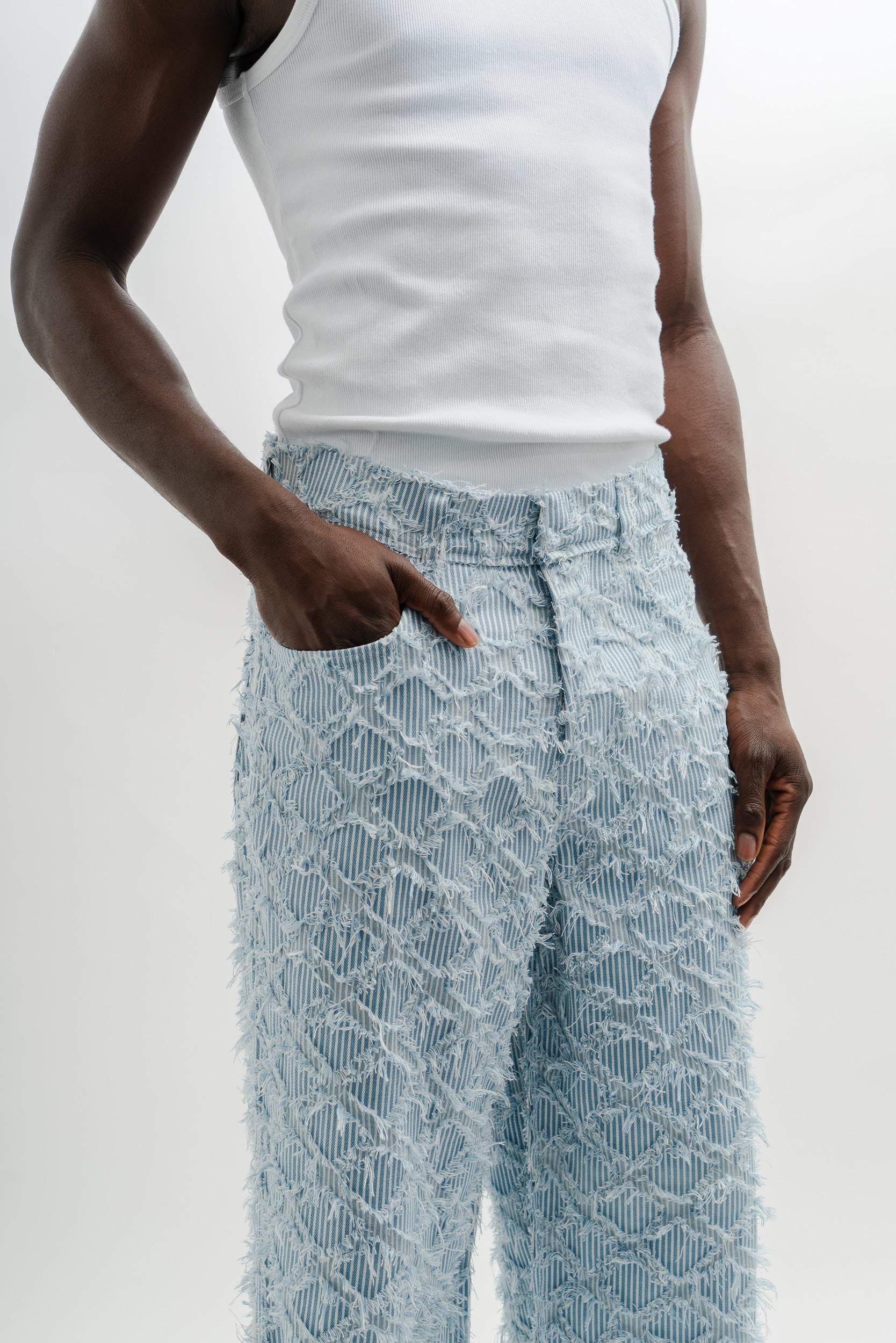 STRIPPED DENIM BAGGY PANTS - BABY BLUE