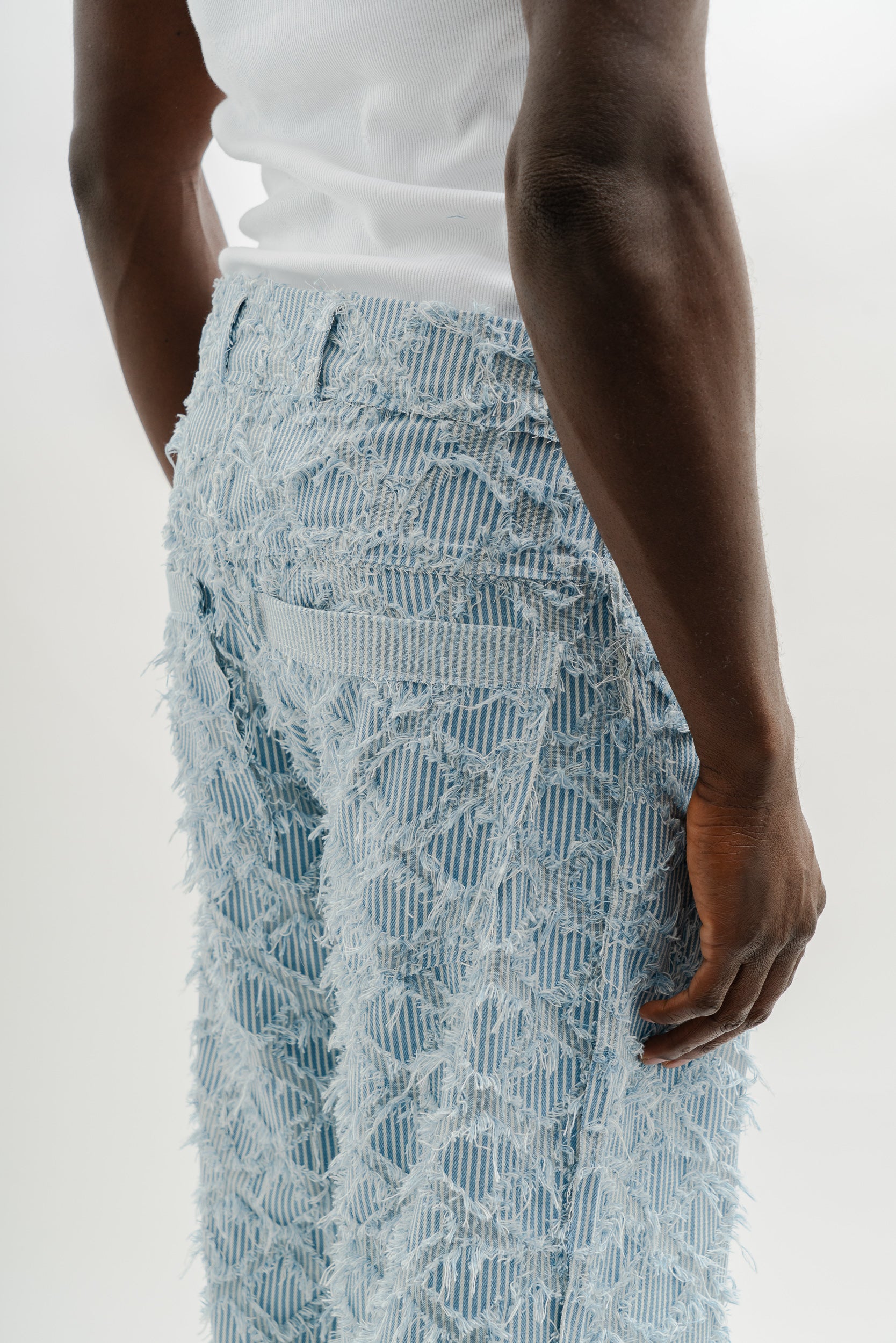 STRIPPED DENIM BAGGY PANTS - BABY BLUE