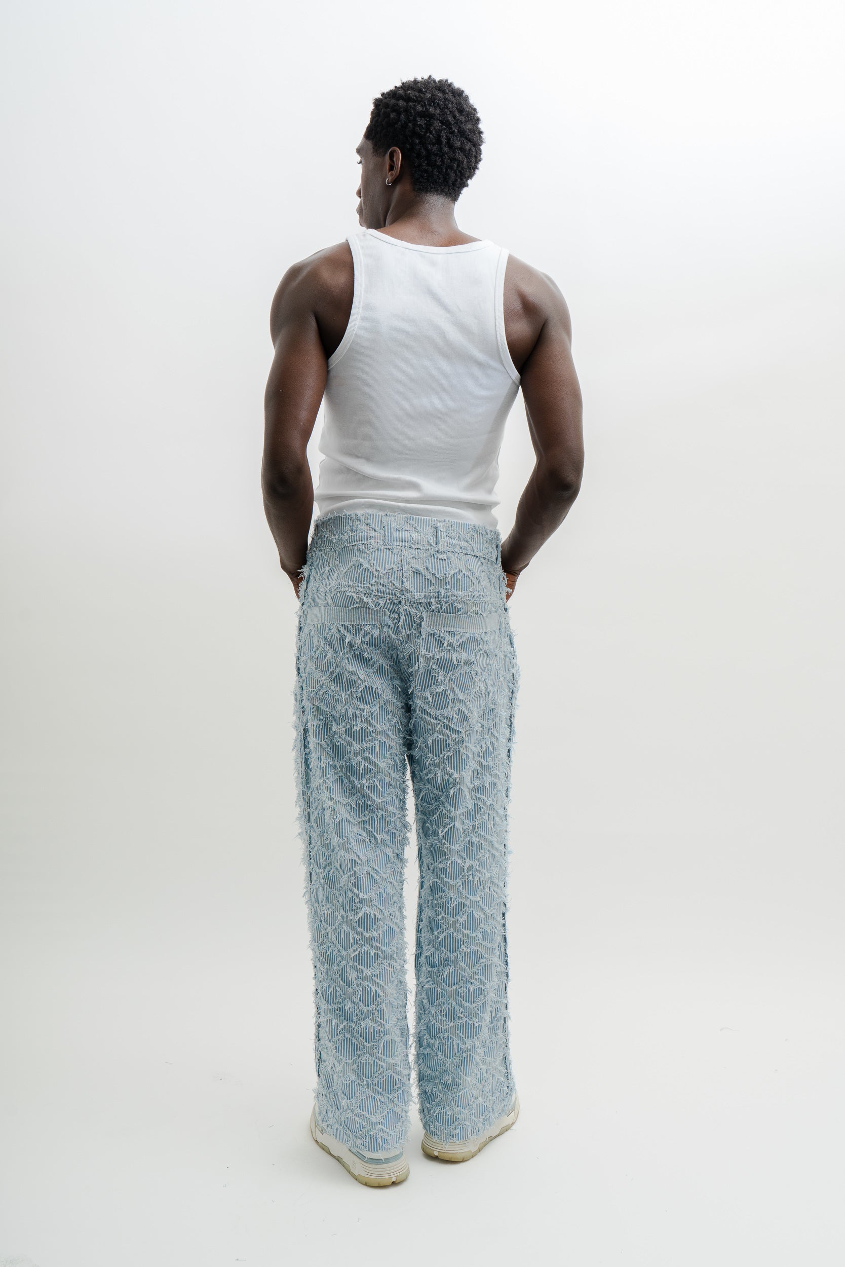 STRIPPED DENIM BAGGY PANTS - BABY BLUE
